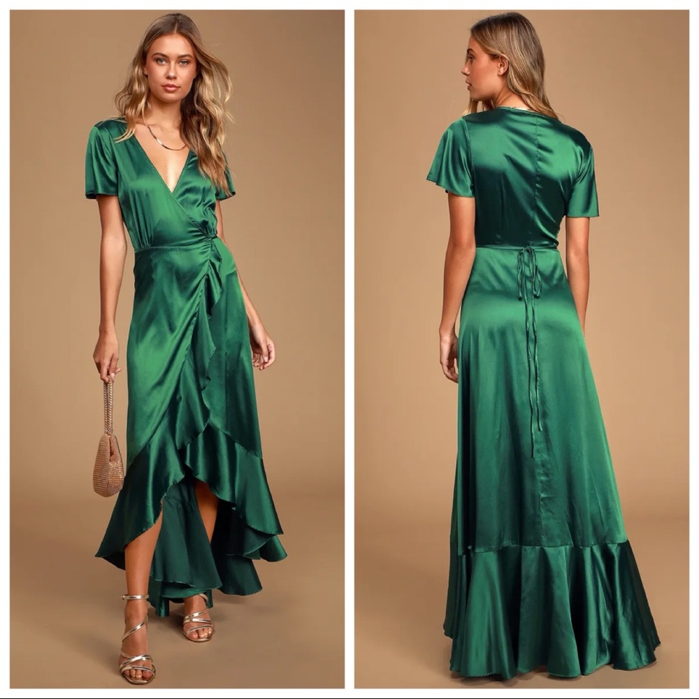 NWOT Lulus Love Of Your Life Dark Green Satin Ruffled Wrap Maxi Dress Medium